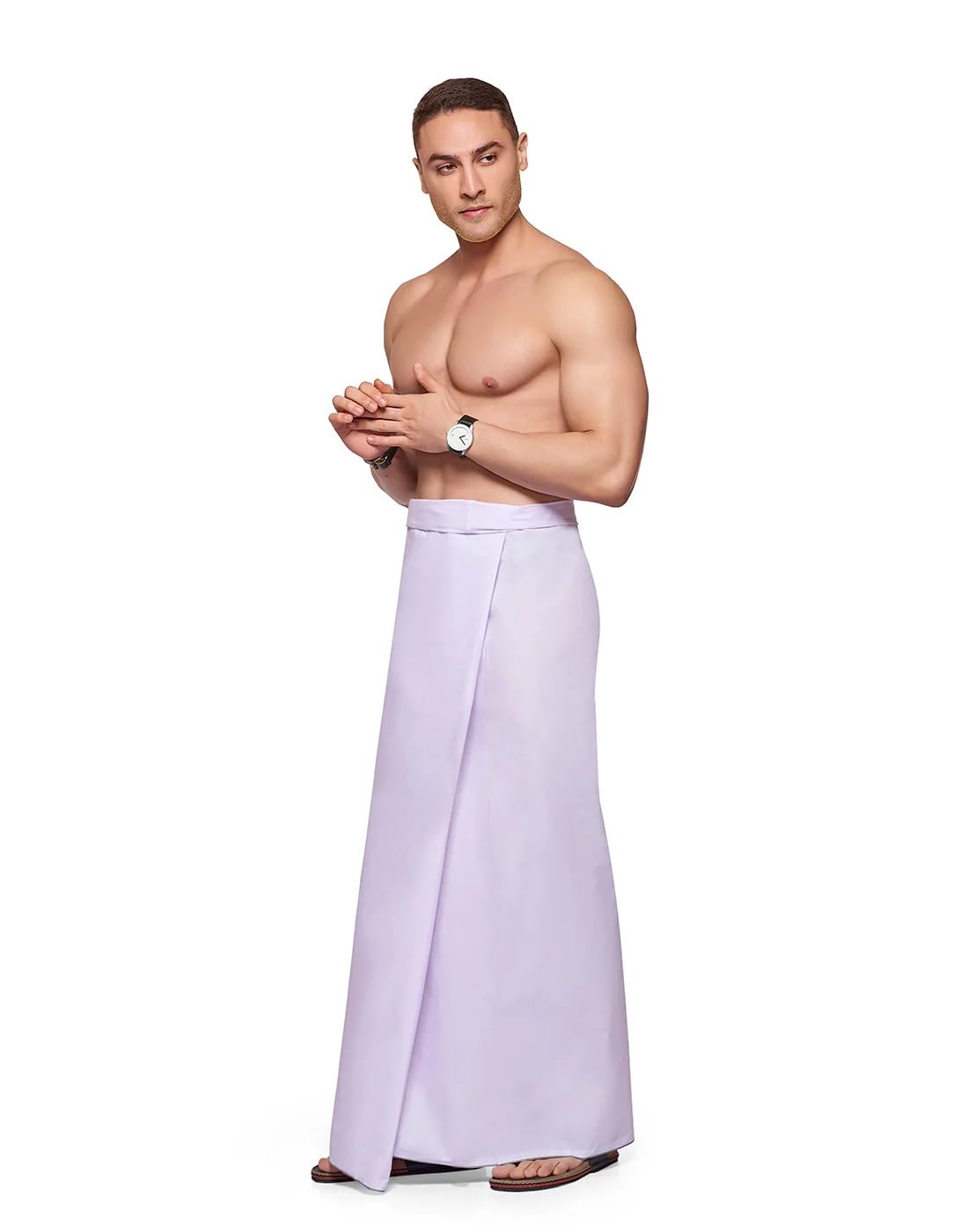 Brand Men's Cotton Plain White Stitched Lungi (Border Colour May Vary, Free Size) - Pack of 1# Ready to Wear # 2.10Mtr # Plain White Lungi #