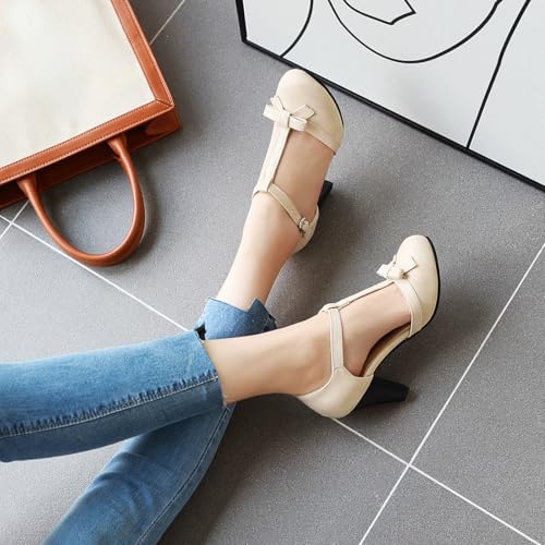 Image of Elbslutt Women's Cute Retro Rockabilly Shoes T Strap Mary Janes Heels Chunky Cosplay Shoes Sweet Block Heeled Bow Pumps