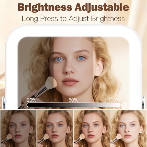 Image of ROLOVE Travel Makeup Mirror with Lights, Ultra-Thin Aluminum Lighted Vanity Mirror, 8 inchx10 inch Rechargeable LED Mirror for Travel & Desk, 3 Color Dimmable Portable Folding Mirror, Gifts for Women