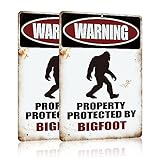 Yniaun Decor Vintage Bigfoot Decor Gifts, Funny Sasquatch Metal Tin Signs, Yard Forest Garage Garden Wall Decor - Warning Property Protected by Big foot 12 x 8 Inches Outdoor & Indoor (2pcs)