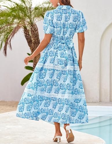 GRACE KARIN Women's 2025 Summer Floral Flowy Dresses Boho Tie Belt Short Puff Sleeve A Line Maxi Shirt Dress with Pocket3