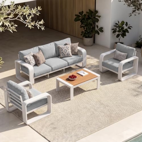 Image of Oversized Aluminum Outdoor Furniture Set, Extra Large Patio Furniture Sofa Set 4.8 inch Widened Armrest & Ultra-Thick Cushions, 4 Pcs Modern Patio Sectional for Backyard, Porch, White