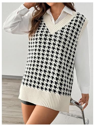 Image of MakeMeChic Women's Houndstooth Sweater Vest Sleeveless V Neck Loose Tops Black and White Large