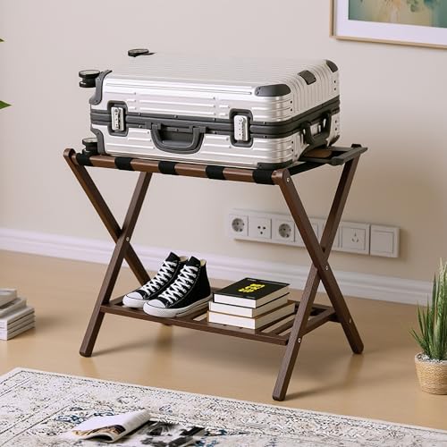 Image of Bamboo Luggage Rack with Shoe Shelf Folding Suitcase Stand with 5 Heavy-Duty Straps for Guest Room Living Room Hotel Ideal Luggage Holder for Suitcases Bags Shoes,Walnut Brown