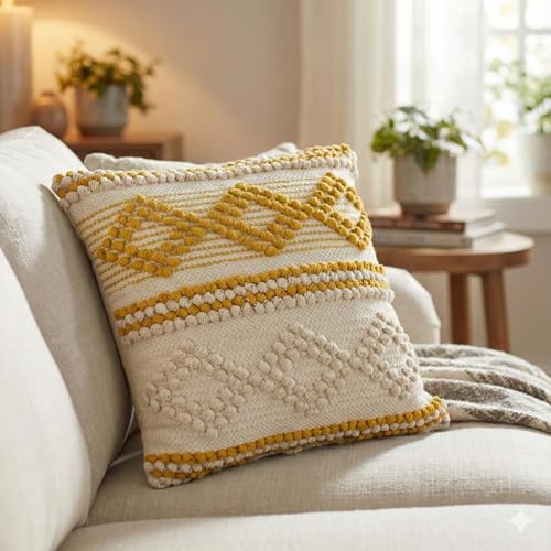 TreeWool Housse de Coussin Décorative Tissée en Coton à Motif Losanges Bohème, pour Canapé et Salon (45x45cm, Moutarde, Lot de 1)