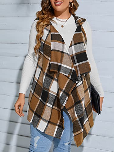 Makemechic Women's Plus Size Plaid Hooded Vest Coat Waterfall Collar Open Front Sleeveless Coat Jacket Plus Multi 4Xl #TOP2