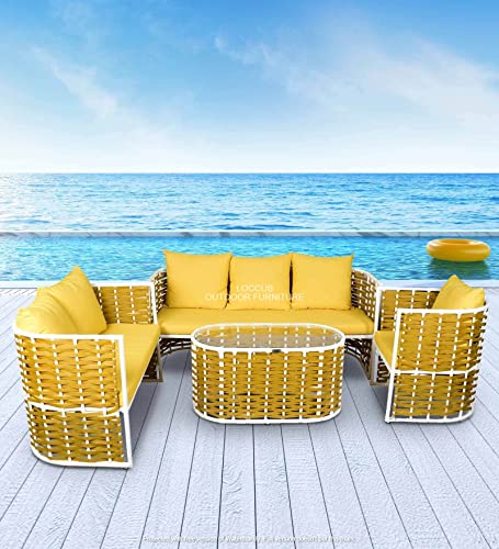 Image of LOCCUS 4-Piece Indoor /Outdoor Rope Woven Patio Conversation Set, Modern Sofa with Powder-Coated Iron Frame & Waterproof Cushions for Balcony, Backyard, Living Room, Garden (Yellow)
