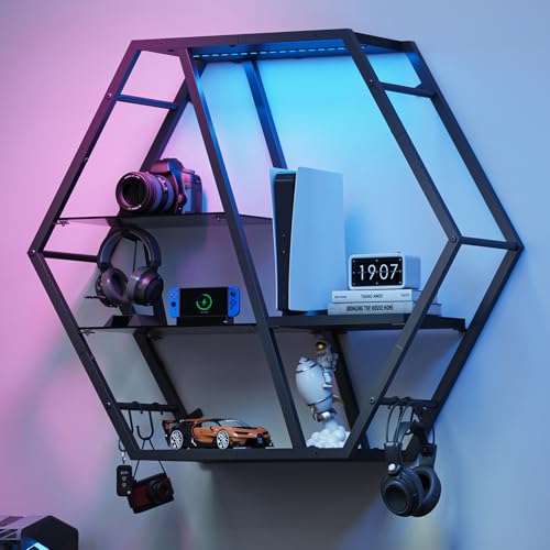 MAHANCRIS Gaming Floating Shelf with LED Lights, Gaming Wall-Mounted Shelves, Hexagonal LED Display Shelf for Wall, Glass Panel Bar Rack with 4 Hooks, Sturdy Black FSHS130K01
