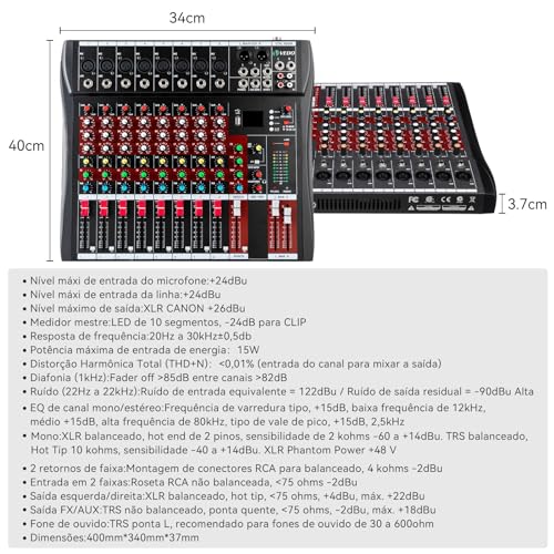 Mixer de áudio profissional,7/8/12 canais Mixer de placa de som com Bluetooth, entrada USB para PC F
