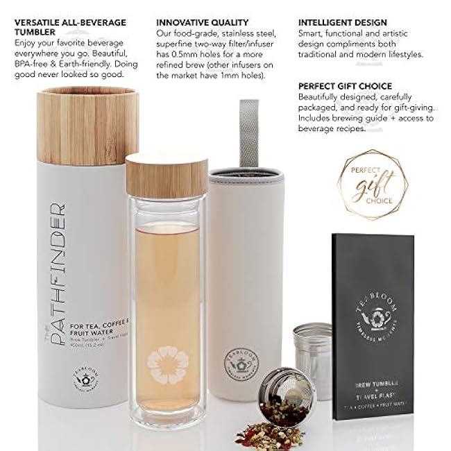 Teabloom All-Beverage Tumbler ¨C 15 oz / 450 ml ¨C Tempered Glass Travel Bottle ¨C Hot and Cold Tea Infuser ¨C Cold-Brew Coffee ¨C Fruit-Infused Water ¨C Tea Tumbler ¨C The Pathfinder