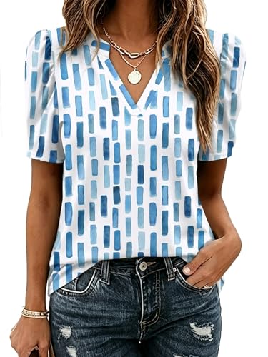 Image of Zeagoo Women Blouses Puff Short Sleeve Tops V Neck Dressy Casual Spring Shirts Boho Floral Cute Clothes 2026