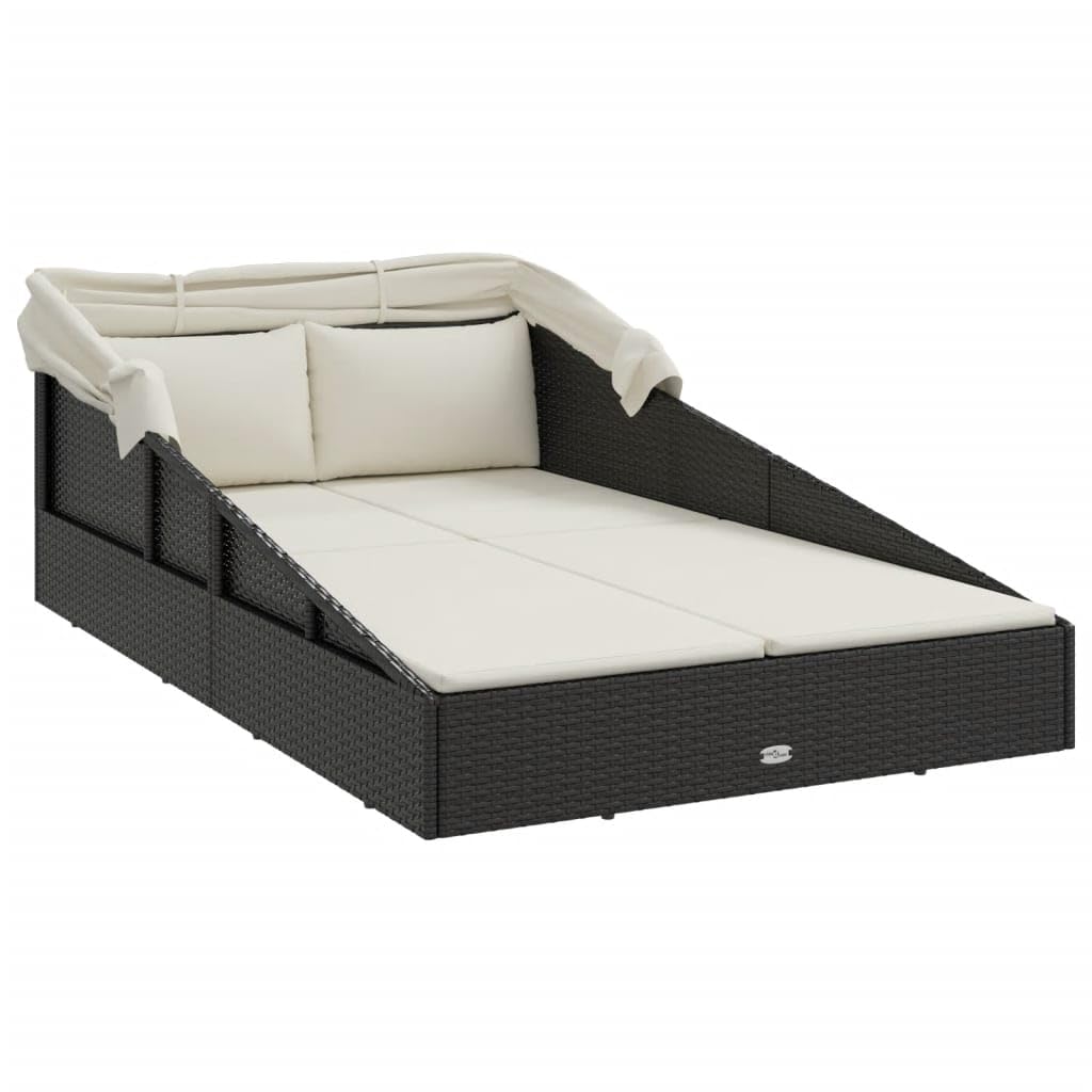 Lettino da giardino con tetto pieghevole, nero, 200 x 114 x 128 cm, in polyrattan, con tetto e protezione solare, per terrazza, balcone, piscina, spa, relax all'aperto