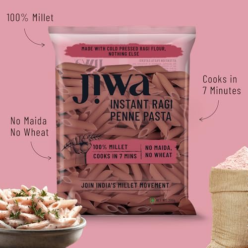 Image of Jiwa Instant Ragi Penne Pasta | 200 G | Cooks in 7 minutes | Ready to Cook | 100% Millet | No Maida, No Atta | Gluten Free