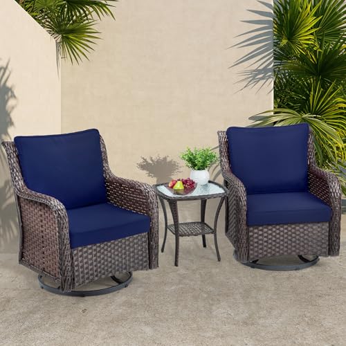 Towallmark Outdoor Swivel Wicker Glider Patio Chairs with Table Set 3 Pieces Outdoor Bistro Set with 4Thick Cushions and Coffee Table for Porch Balcony Deck (Blue)