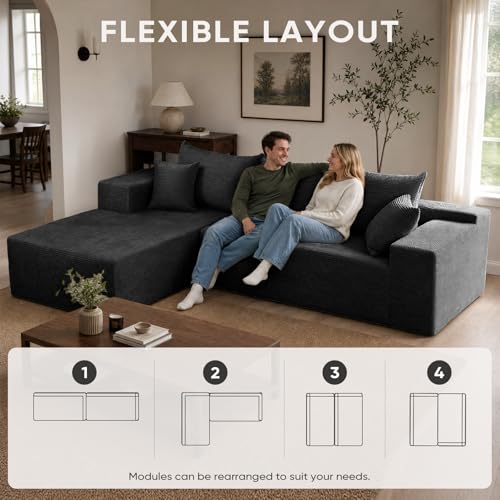 Image of Boneless Couch, 102.4 inch Sectional Couches for Living Room with L Shape Sofa | Cloud Couch Sectional with Chaise, Modular Cloud Sofa with Deep Seat, No Assembly, Black, Corduroy, Left Chaise