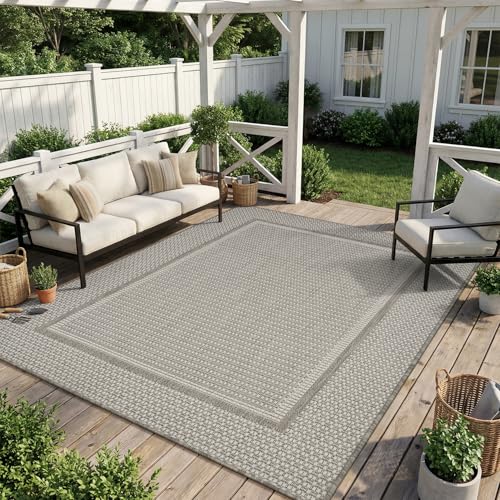 MontVoo-Outdoor Rug-Patio Rug 5x7 ft Polypropylene Indoor Outdoor Rugs Outdoor Carpet for Patio Deck Balcony Porch, Textured Weave, Durable for High Traffic, Fade-Resistant, Modern Neutral B
