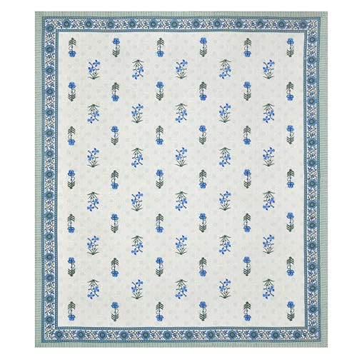 Image of BLOCKS OF INDIA Hand Block Printed 200 TC Cotton King Size Bedsheet (Blue Green Flower)