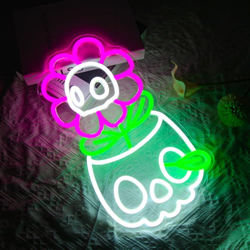 Image of Skull Neon Sign for Wall Decor Halloween LED Sign Dimmable Cute Skull Flower Neon Sign for Boys Girls Bedroom, Game Room, Living Room, Man Cave, Halloween Party Decor Gifts