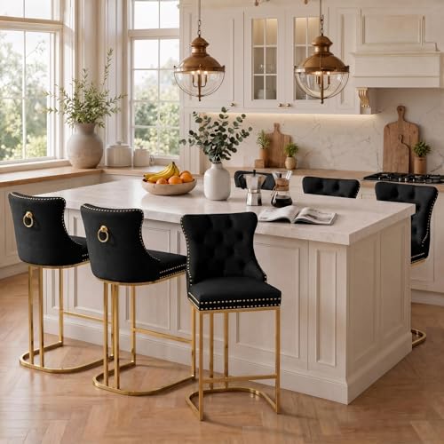 Image of UVV Counter Height Bar Stools Set of 4, 26 inch Modern Barstools with Back, Velvet Upholstery Counter Chairs with Metal Legs for Kitchen Island, Bar, Counter, Black