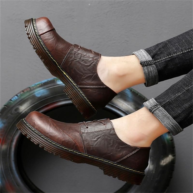 Men's Low-top Rubber Shoes Retro Oxford Shoes Low-Heeled Non-Slip wear-Resistant Comfortable Breathable Round-Toed Outdoor Casual Shoes for Men(Brown-1,9)3