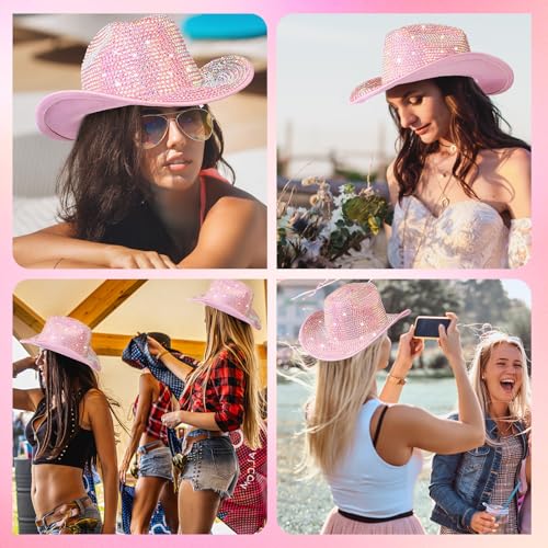 Image of Hercicy Rhinestone Cowboy Hat with Diamond Fringe CowHat for Cosplay Wedding circumference between 21.5 and 23.5 inches