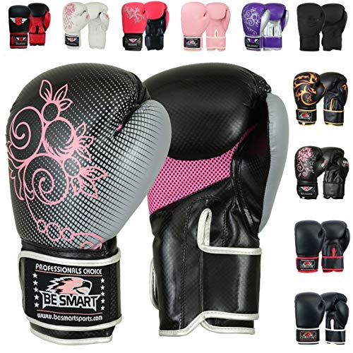 Be Smart Kids Boxing Gloves 4-12 Years 4Oz 6Oz Training Gloves For Children Sparring Youth Boxing Gloves Junior Training Mitts Punch Pu Leather Mma Muay Thai Kick Boxing (Gray Pink Flower, 6 Oz) #TOP25