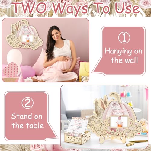 Image of Wenqik 63 Pcs Pink Little Pumpkin Baby Shower Guest Book Alternatives Set Baby Shower Decorations with Photo Frame Sonogram Frame Keepsake 60 Wood Slices Guest Book for Birthday