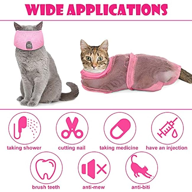 Patelai 5 Pcs Cat Bathing Bag Set Cat Grooming Bag Adjustable Pet Shower Net Muzzles Nail Clipper Tick Remover Tool Massage Brush(Pink)-FNyQes4g