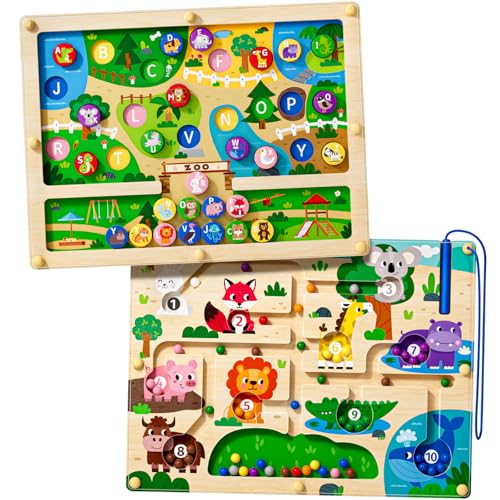 Labyrinthe magnétique 2 en 1 pour Voiture - Tableau de comptage magnétique Alphabet - Puzzle en Bois Double Face - Jouet préscolaire Montessori (Zoo, Taille...