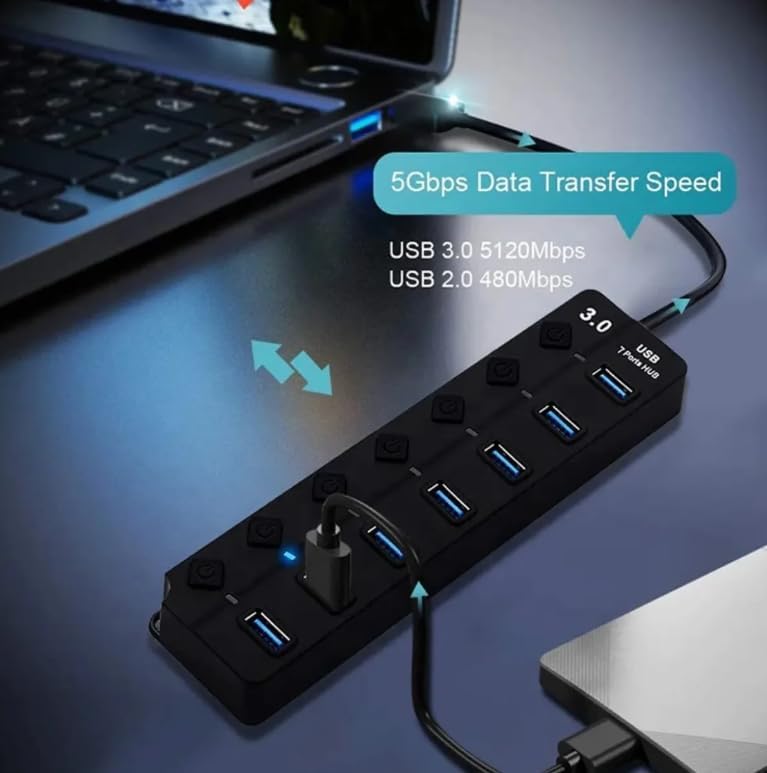 Hub USB 3.0 Com 7 Portas, Cabo USB Integrado, Botão Liga e Desliga Individual, LED de Sinalização, Conexão de Alta Velocidade (5Gbps), Compatível Com PC, Notebook, TV, Console, Tablet e Video Game