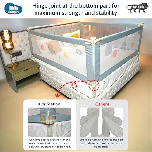 Image of Kids Station 1 Side with Pocket Bed Rail Guard (6.3ft x 2.6ft / 190x80cm), Bed Railing for Baby Safety, Kids Toddler Bed Protector Side Walls, Adjustable Height, Portable & Foldable (Grey)