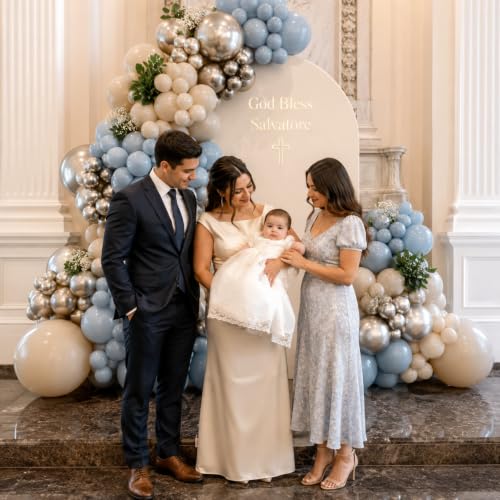 Image of HILAVO Dusty Blue and Gold Balloons, 60 PCS 12 Inch Slate Fog Pastel Baby Blue Sand White and Gold Balloons for Baby Boy Shower Bridal Shower Birthday Wedding Party Decorations