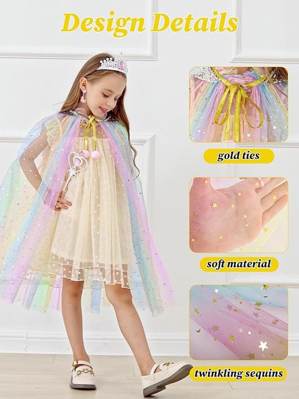 Image of Princess Cape for Girls - Colorful Sequin Cloak with Crown and Wand for Birthday, Halloween, Fancy Dress & Carnival