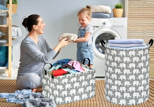 Image of Kids Laundry Hamper Clothes Gift Basket Storage Laundry Baskets Organizer Bin with Handles for Nursery Room (Elephant)