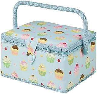 Medium Cupcake Sewing Box, Blue Cupcake Pattern Fabric, 18.5 x 26 x 15cm