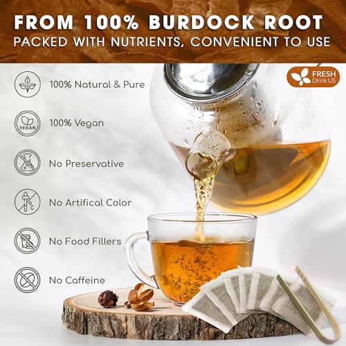 Image of FreshDrinkUS, Premium 120 Burdock Root Tea Bags, 100% Natural & Pure, Herbal Tea. Made with Natural Material Tea Bags. No Sugar, No Caffeine, No Gluten, Vegan.