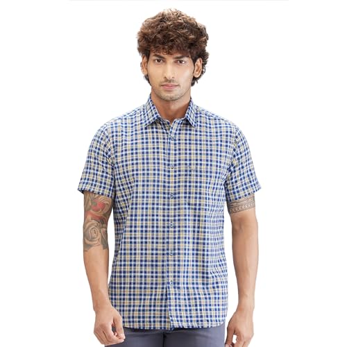 Image of Colorplus Men's Regular Fit Checks Pattern Pure Cotton Plain Collar Half Sleeve Casual Shirt