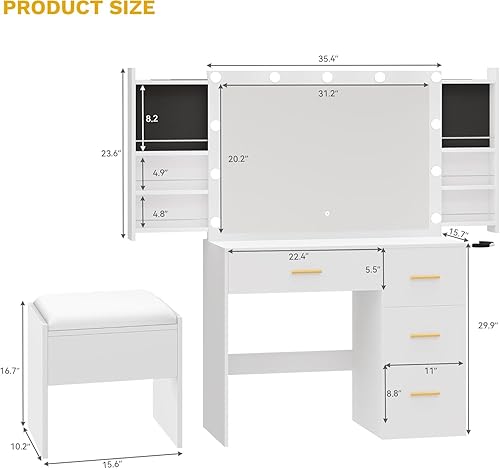 Miniatura 5 de DWVO juego de mesa de tocador con espejo iluminado y taburete, escritorio de maquillaje con enchufes y 4 cajones, elegante mesa de vestir