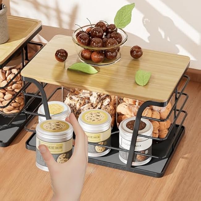 2 Pack Kitchen Organizers and Storage - Stackable Potato and Onion Storage Bin,Kitchen Cabinet Organizer with Lightweight PP Mat and Bamboo Top,Onion Basket for Kitchen Counter Organizers,Black