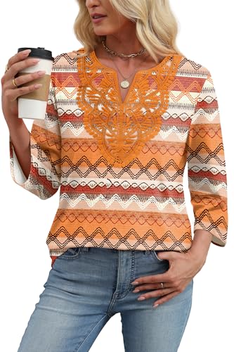 Image of WIHOLL 3 /4 Length Sleeve Womens Tops Boho V Neck Lace Shirt Trendy Blouses Dressy Casual Vacation Clothes S-3XL