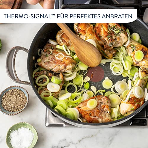 Foto von Tefal Jamie Oliver Cook‘s Classic Servierpfanne 30 cm, Schmorpfanne Induktion mit Antihaftversiegelung, Thermo-Signal bei idealer Brattemperatur, für alle Herdarten geeignet, Edelstahl, E30690