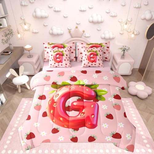 Image of Feelyou Cute Girls Strawberry King Comforter Set with Sheets for Kids Boys Girls Pink Red Princess Strawberry 7 Pieces Bedding Set Initial Letter G Bed in a Bag Room Decor Soft Lightweight Microfiber