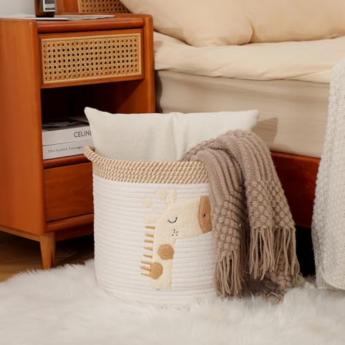 Image of Toy Storage Baskets Woven Cotton Rope Storage Basket for Kids, Blanket Baskets for Living Room Toys Organizer with Embroidery Decor, Cute Baskets with Handle for Nursery, Playroom (Giraffe)