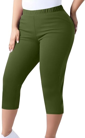 TANGNADE Women Capri Pants Plus Size Stretch Knee Length Leggings Elastic Waist Casual Summer Ladies Pull On Capris