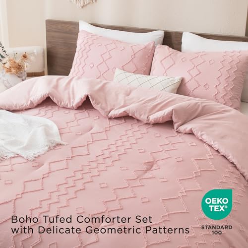 Image of Andency Pink Tufted Comforter Set Queen(90x90Inch), 3 Pieces(1 Boho Comforter, 2 Pillowcases) Textured Farmhouse, Soft Down Alternative Geometric Bedding Set