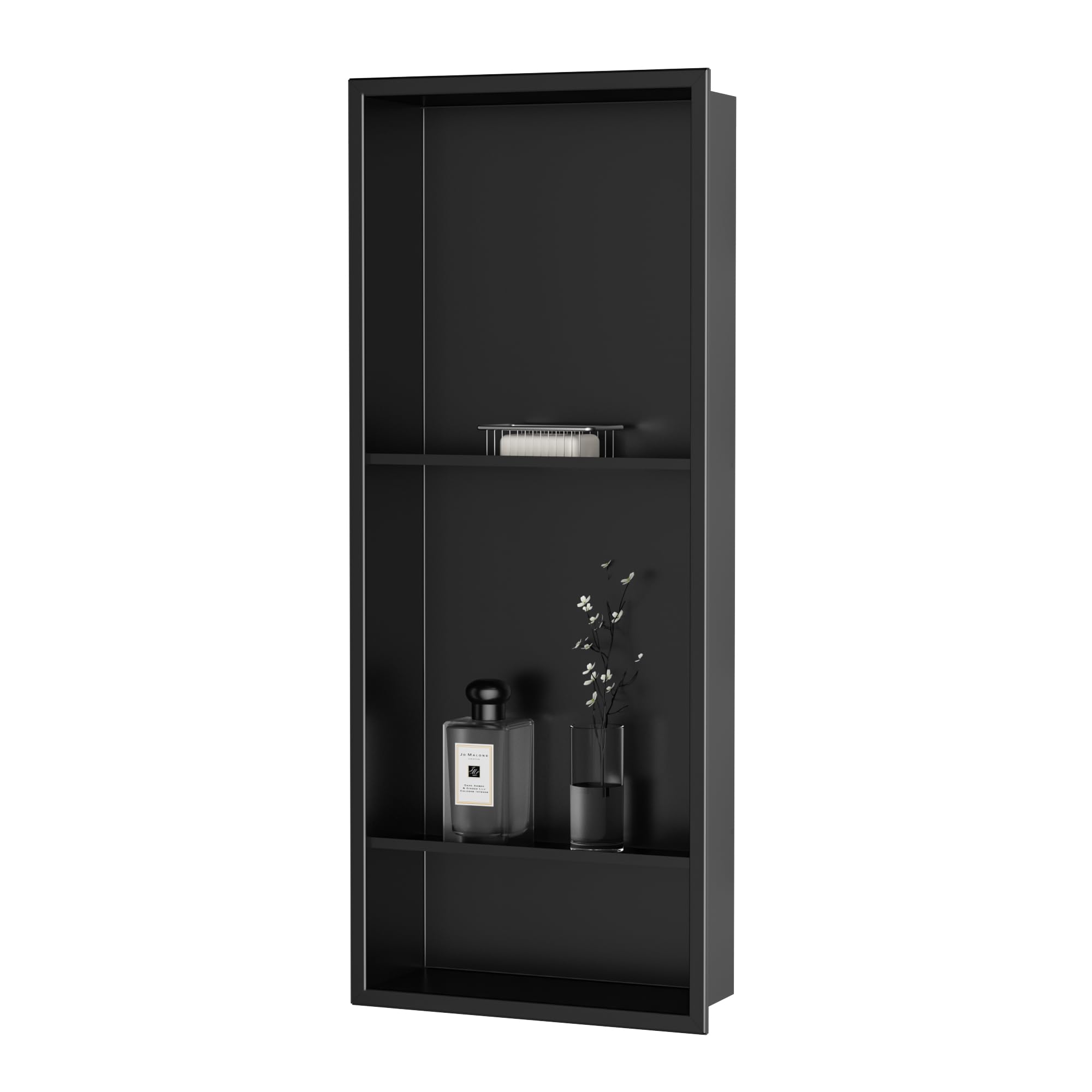 Qeke Stainless Steel Shower Niche 12" X 29", No Tile Needed Wall Niche Three-Tier, Recessed Shower Shelf for Bathroom Storage, Matte Black
