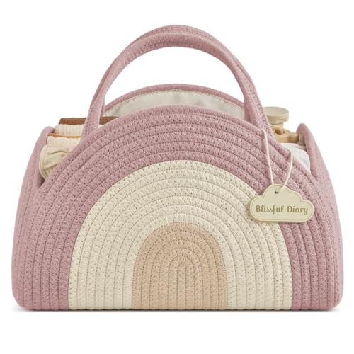 Image of Blissful Diary Baby Diaper Caddy Organizer, Cotton Rope Diaper Caddy Basket, Large Storage Basket for Newborn Boys and Girls, Gift for Baby Shower List, Newborn Essentials, Blush Rainbow