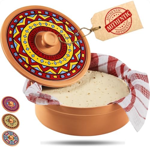 Mexican Terracotta Tortilla Warmer, Authentic Terra Cotta Tortilla Holder w Warmer Cloth, Natural Clay Heater & Tortillero - Hold 8 inch Flour Tortillas, Warmer for Roti Bread Pancakes - Taco Party