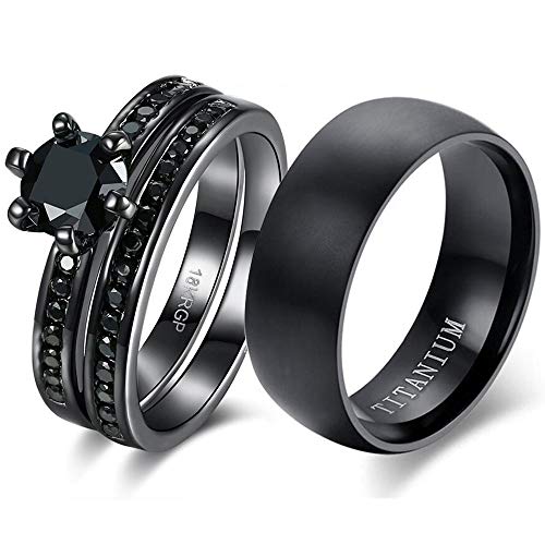 XAHH Couple Ring Bridal Sets His Hers Women 18k Black Gold Plated Cz Men Titanium Wedding Ring Band Set Size 7 11