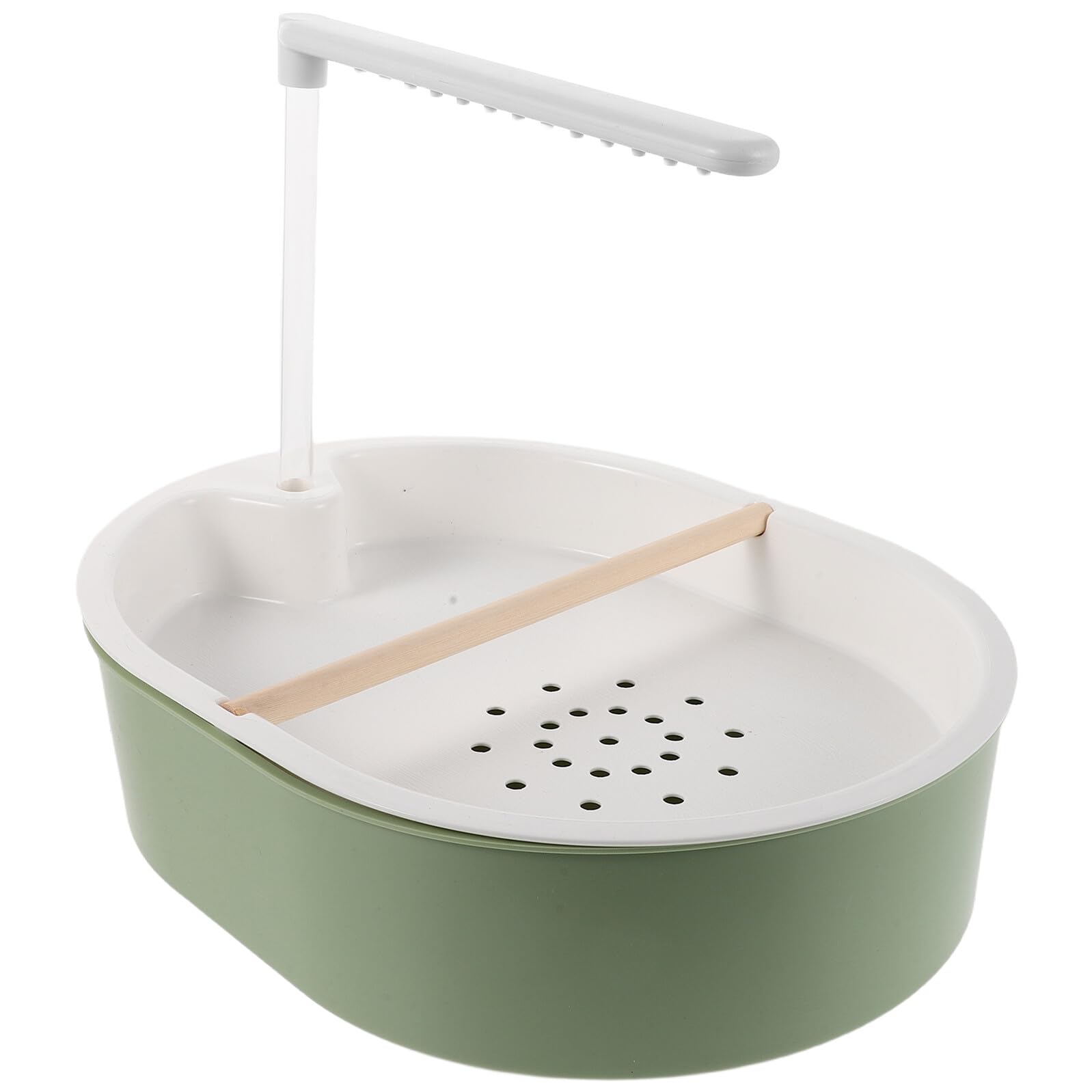 Baño Automático para Pájaros Loro con Bomba de Agua Ajustable USB, Cuenco de Plástico Azul Gris Verdoso 20 Cm Alto, Ducha Doble para Jaula con Palo de Pino 1,5 Cm Diámetro,